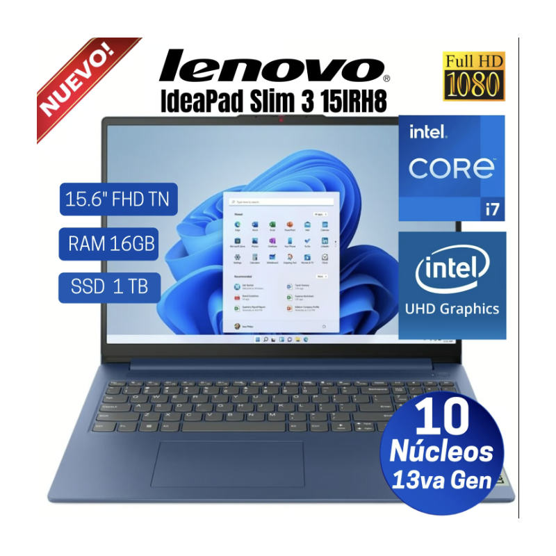 LAPTOP LENOVO IDEAPAD SLIM 3 15IRH8 ( 83EM00ADLM ) | INTEL CORE I7-13620H  | RAM 16GB  | SSD 1TB | PANTALLA 15.6"  | FREE DOS