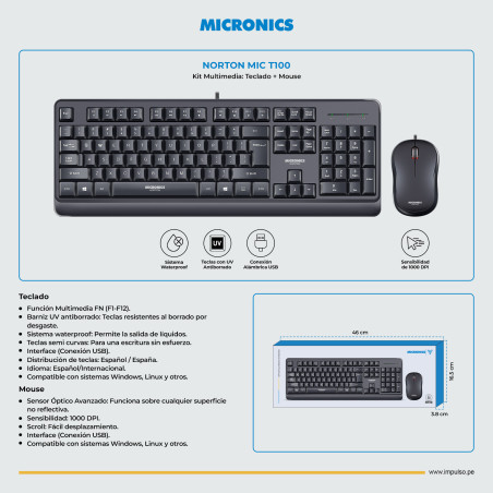 KIT TECLADO Y MOUSE MICRONICS NORTON MIC T100 BLACK USB