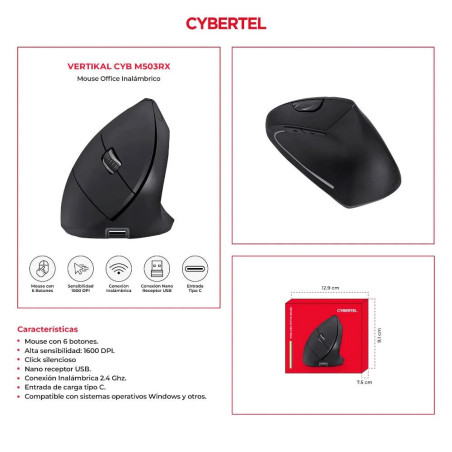 MOUSE VERTICAL INALAMBRICO ERGONÓMICO CYBERTEL CYB M503 RX RECARGABLE CON LUZ LED
