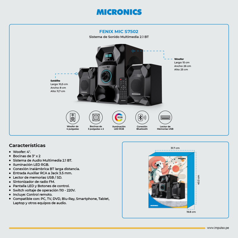 PARLANTE MICRONICS FENIX 2.1 / FM / BT / USB / SD / C.R. MIC S7502