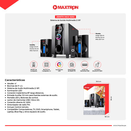 PARLANTE 2,1 MAXTRON MAX S202 ZENITH USB BT AUX ILUMINACIÓN LED
