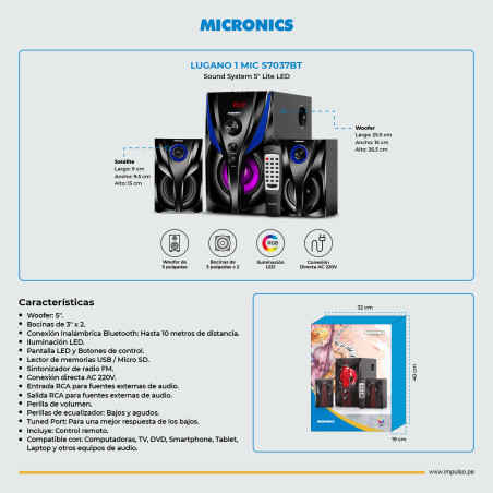 PARLANTE MICRONICS LUGANO 1 MIC S7037 BT - USB - SD -FM