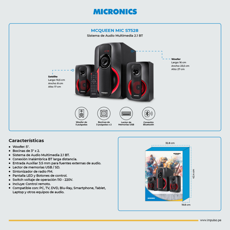 PARLANTE MICRONICS MIC S7528BT MCQUEEN 2.1 USB BT AUX