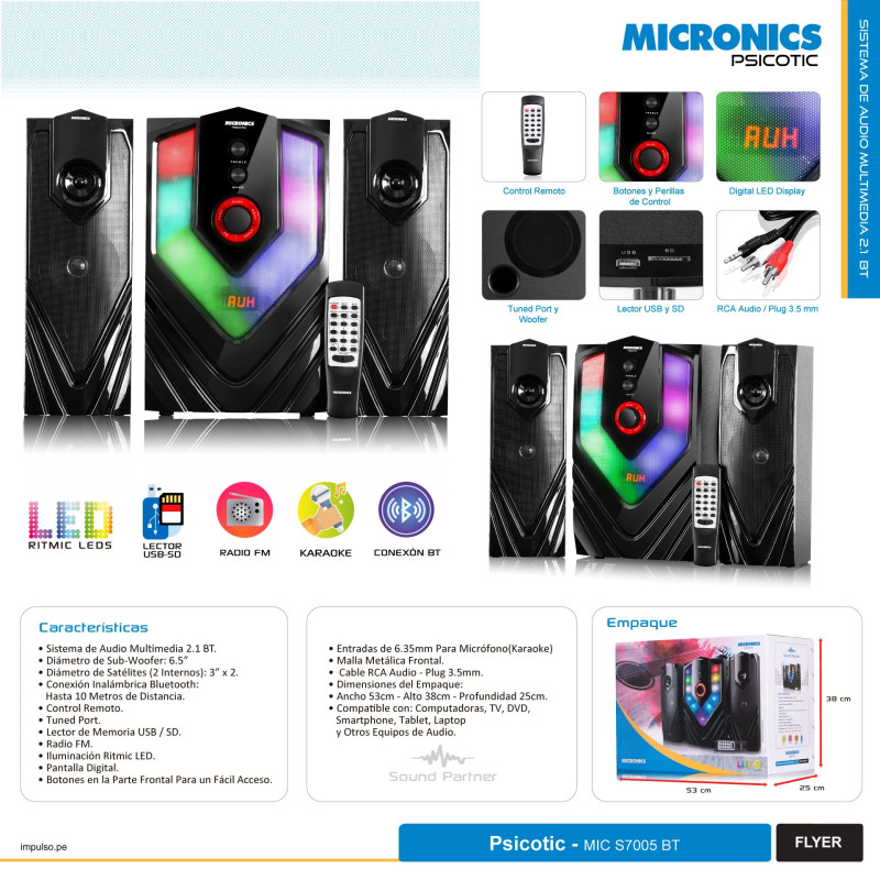 PARLANTE MICRONICS PSICOTIC (MIC S7005KTV) 110 WASTT SUB-WOOFER 6.5 AUDIO 2.1" / BLUETOOTH / USB-SD / RADIO FM /