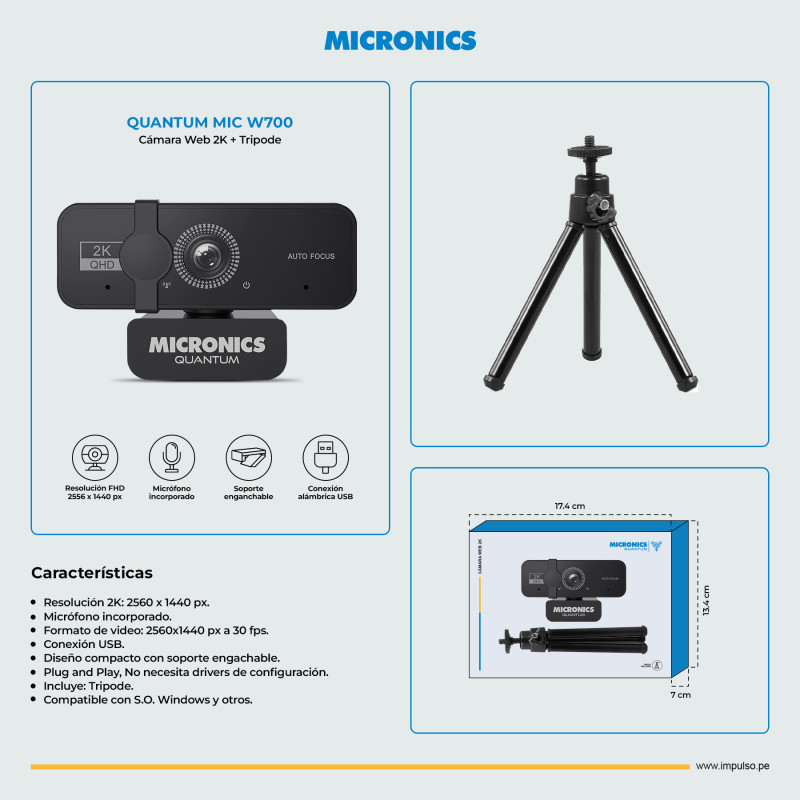 CAMARA WEB QUANTUM MIC W700+ TRIPODE 1440QHD LENTE 2P2G MICRONICS
