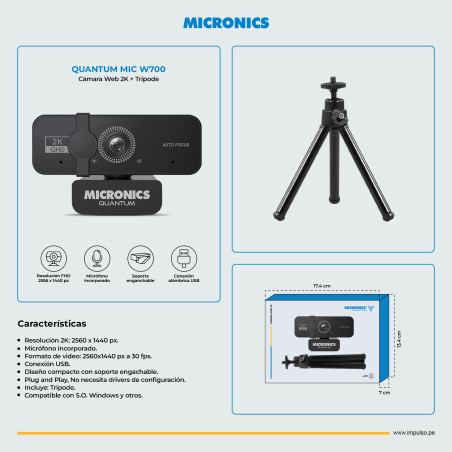 CAMARA WEB QUANTUM MIC W700+ TRIPODE 1440QHD LENTE 2P2G MICRONICS