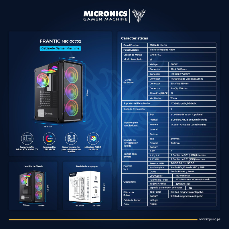 CASE MICRONICS FRANTIC-MIC GC702 – NEGRO – ATX – RGB – 4 FAN – 650W