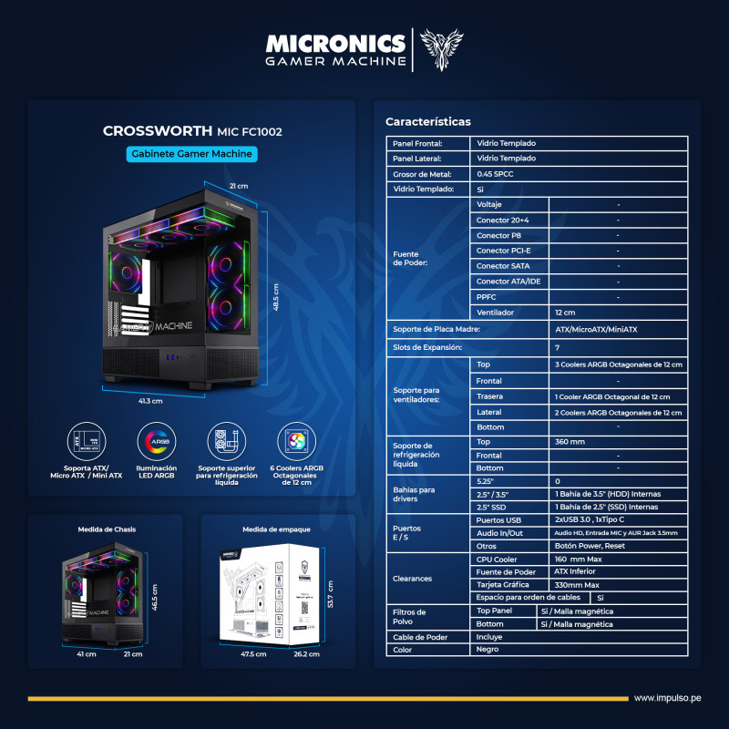 CASE MICRONICS CROSSWORTH MIC FC1002 ARGB SIN FUENTE VIDRIO TEMPLADO MID TOWER