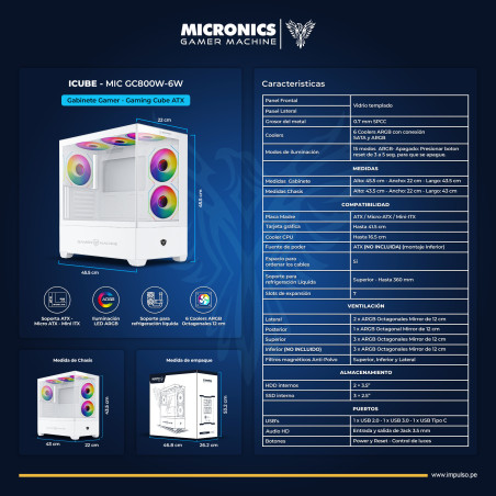 CASE GAMER ICUBE MIC GC800-6W, 6FAN ARGB, WHITE, S/F