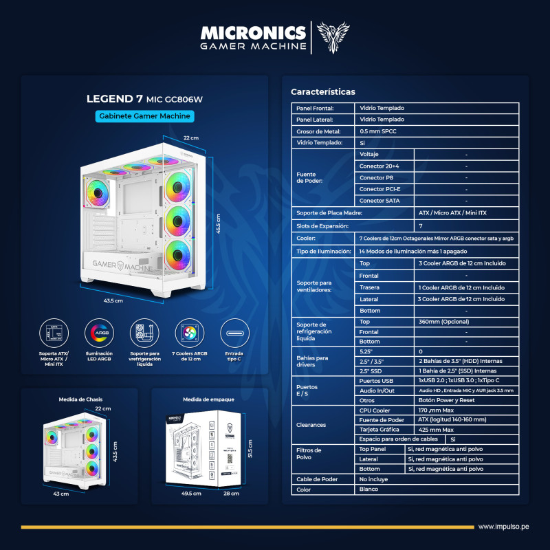 CASE GAMER LEGEND MIC GC806W, 7FAN ARGB, WHITE, S/F