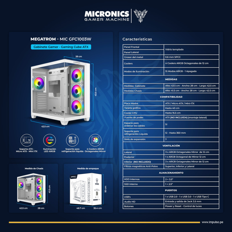 CASE GAMER MEGATRON GFC1003W CASE GAMER MEGATRON GFC1003W, 4FAN ARGB, WHITE