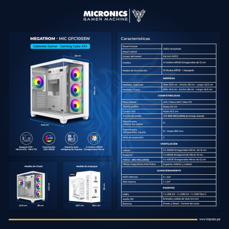 CASE GAMER MEGATRON GFC1003W CASE GAMER MEGATRON GFC1003W, 4FAN ARGB, WHITE