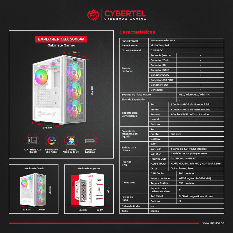 CASE EXPLORER CBX5006W GABINETE 6FAN ARGB  CYBERTEL