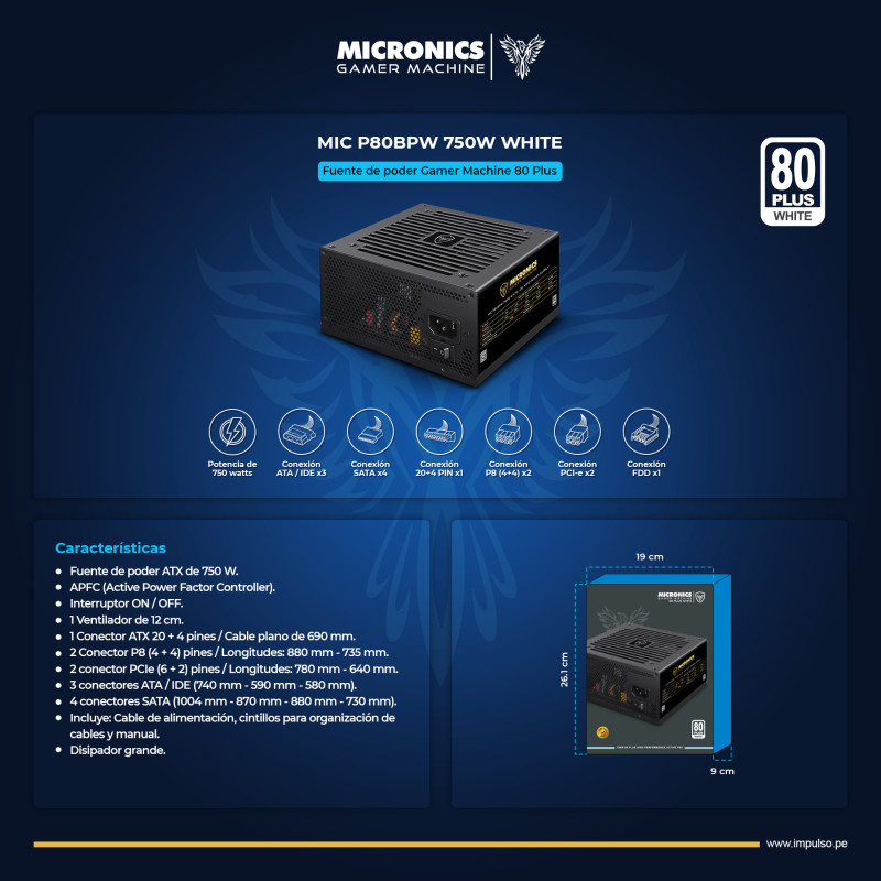 FUENTE DE PODER MICRONICS P80BPW-750W 80 PLUS WHITE