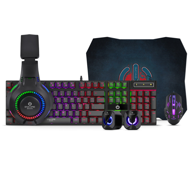 KIT GAMER BRAVIO5 ENT G1000-5 TECLADO + MOUSE + AURICULAR + PARLANTE + PAD MOUSE ENKORE