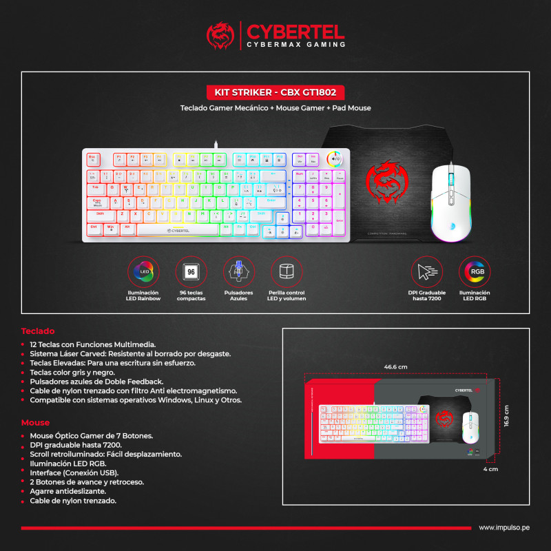 KIT TECLADO MOUSE PADMOUSE STRIKER GRAY WHITE RAINBOW CBX GT1802W SWITCH BROWN