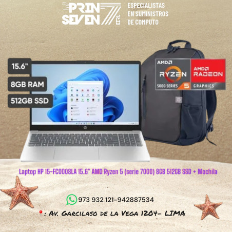 Laptop HP 15 - FC0008LA 15.6'' AMD Ryzen 5 (serie 7000) 8GB 512GB SSD + Mochila