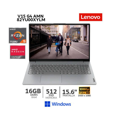 LAPTOP LENOVO V15 G4 AMN, AMD RYZEN 5 7520U/ 16GB RAM/ 512 SSD/ 15.6” FHD TN / WIND / 82YU00XYLM