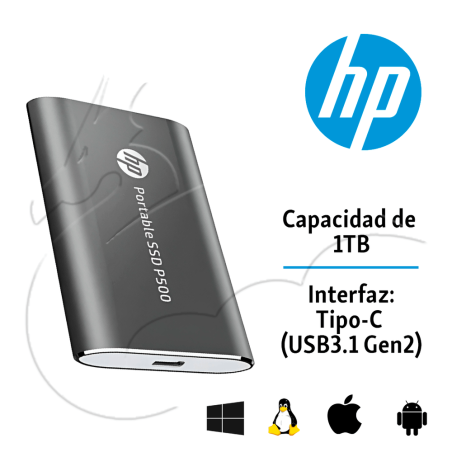 DISCO EXTERNO  SOLIDO  (SSD) PORTATIL HP P500, 1TB, USB-C 3.2 GEN 1, COLOR NEGRO
