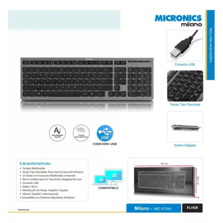 TECLADO MICRONICS MILANO MIC K704X TECLAS TIPO CHOCOLATE