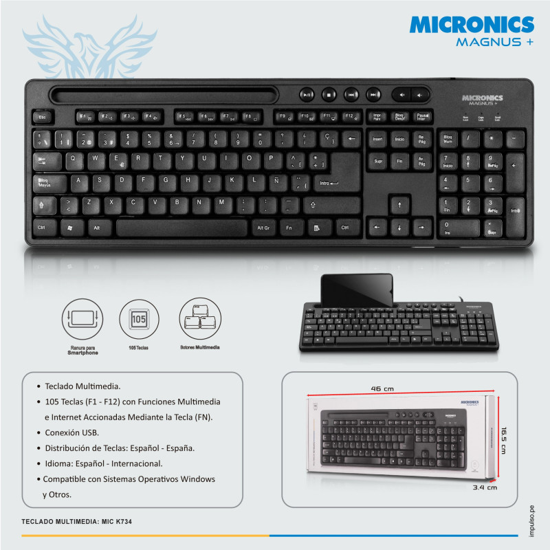 TECLADO MICRONICS MAGNUS+ MIC K734 MULTIMEDIA USB