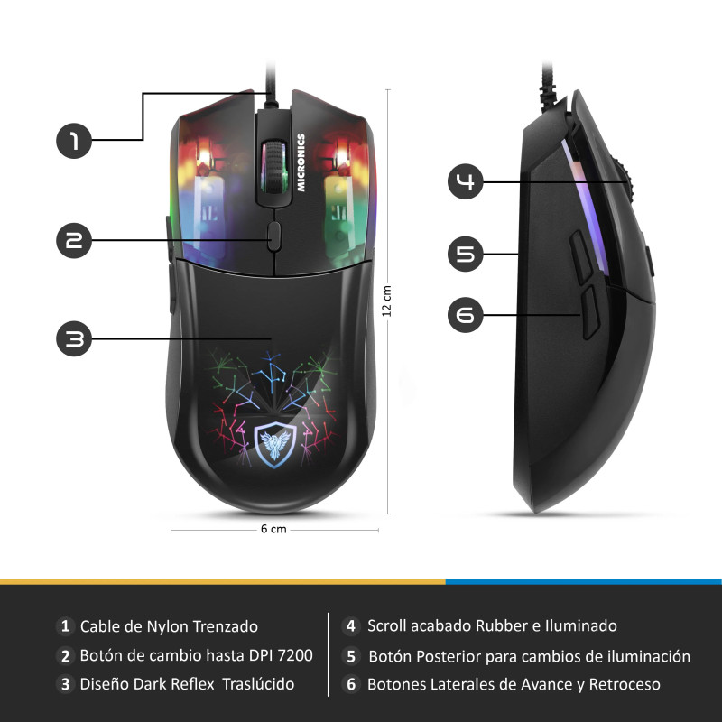 MOUSE MICRONICS NEON GAMER MACHINE, ILUMINACION RGB, 7 BOTONES, HASTA 7200 DPI