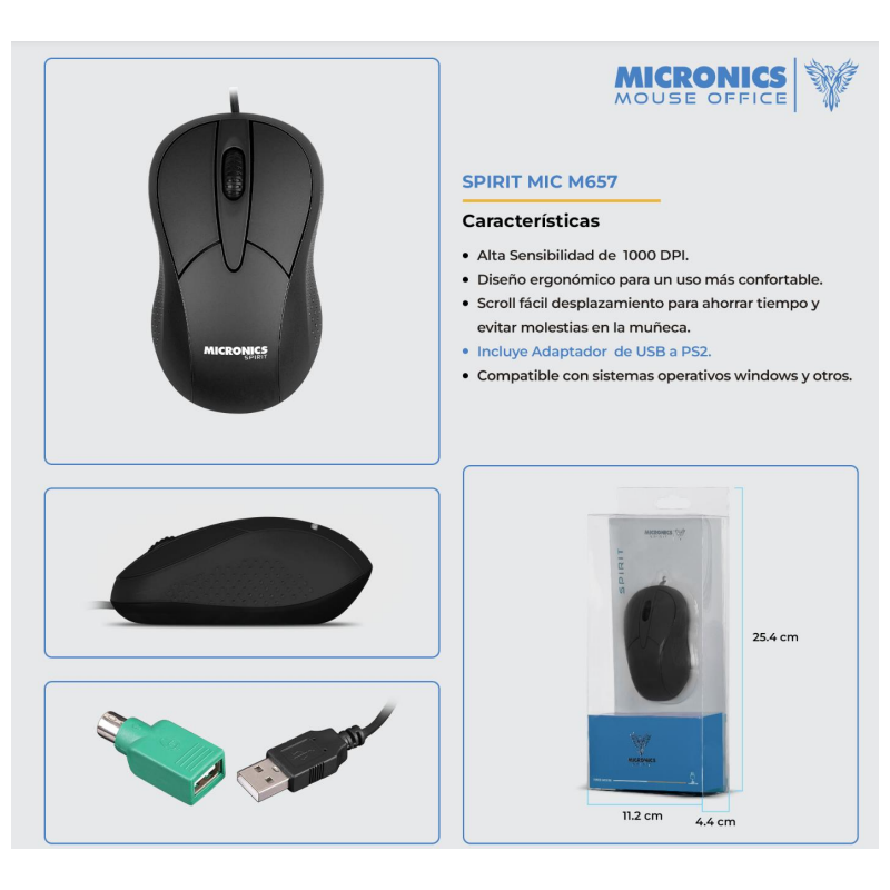 MOUSE OPTICO ALAMBRICO MICRONICS SPIRIT MIC M657 CON ADAPTADOR PS2