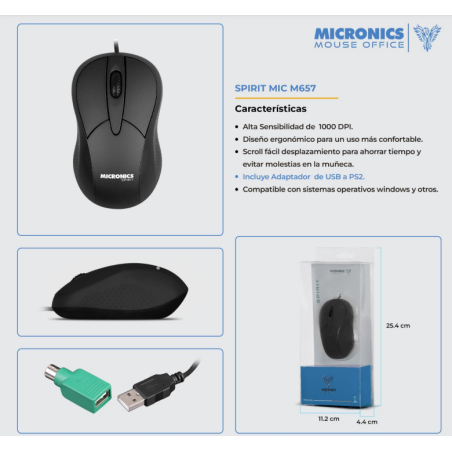 MOUSE OPTICO ALAMBRICO MICRONICS SPIRIT MIC M657 CON ADAPTADOR PS2