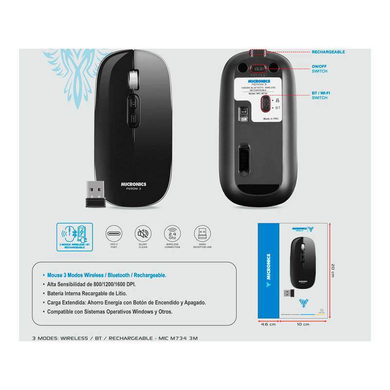 MOUSE MICRONICS PERONI 3 ( MIC N734-3M ) | BLUETOTH | WIFI | RECARGABLE | USB