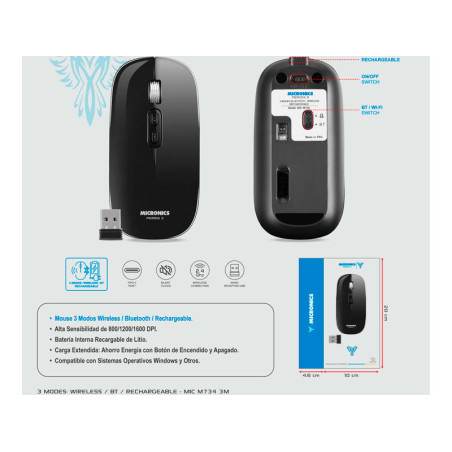 MOUSE MICRONICS PERONI 3 ( MIC N734-3M ) | BLUETOTH | WIFI | RECARGABLE | USB