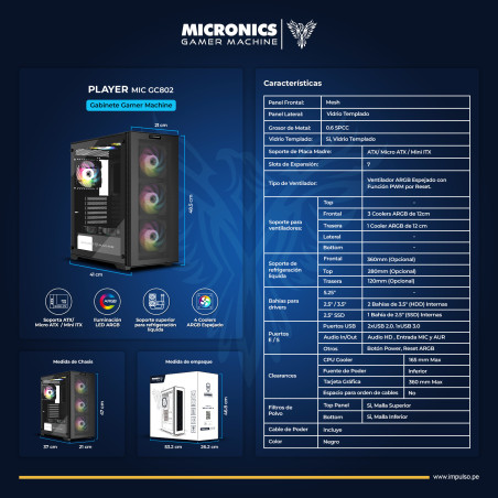 CASE MICRONICS PLAYER MIC CG802 ARGB SIN FUENTE VIDRIO TEMPLADO USB 3.0/USB 2.0