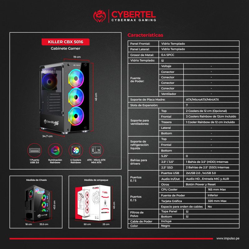 CASE GAMER CYBERTEL KILLER ( CBX5016 ) S/ FUENTE | NEGRO | PANEL VIDRIO TEMPLADO | LED-RGB