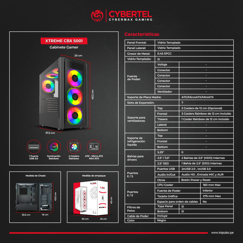 CASE CYBERTEL XTREME BLACK CBX5001 GABINETE GAMER USB3.0 4FAN RAINBOW (S00151)