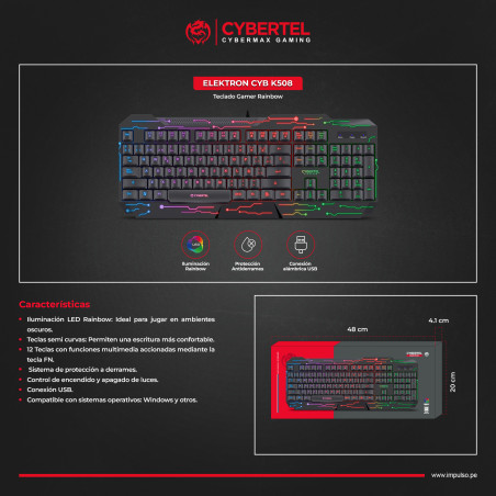 TECLADO GAMER ELEKTRON CYB K508 CYBERTEL USB RAINBOW